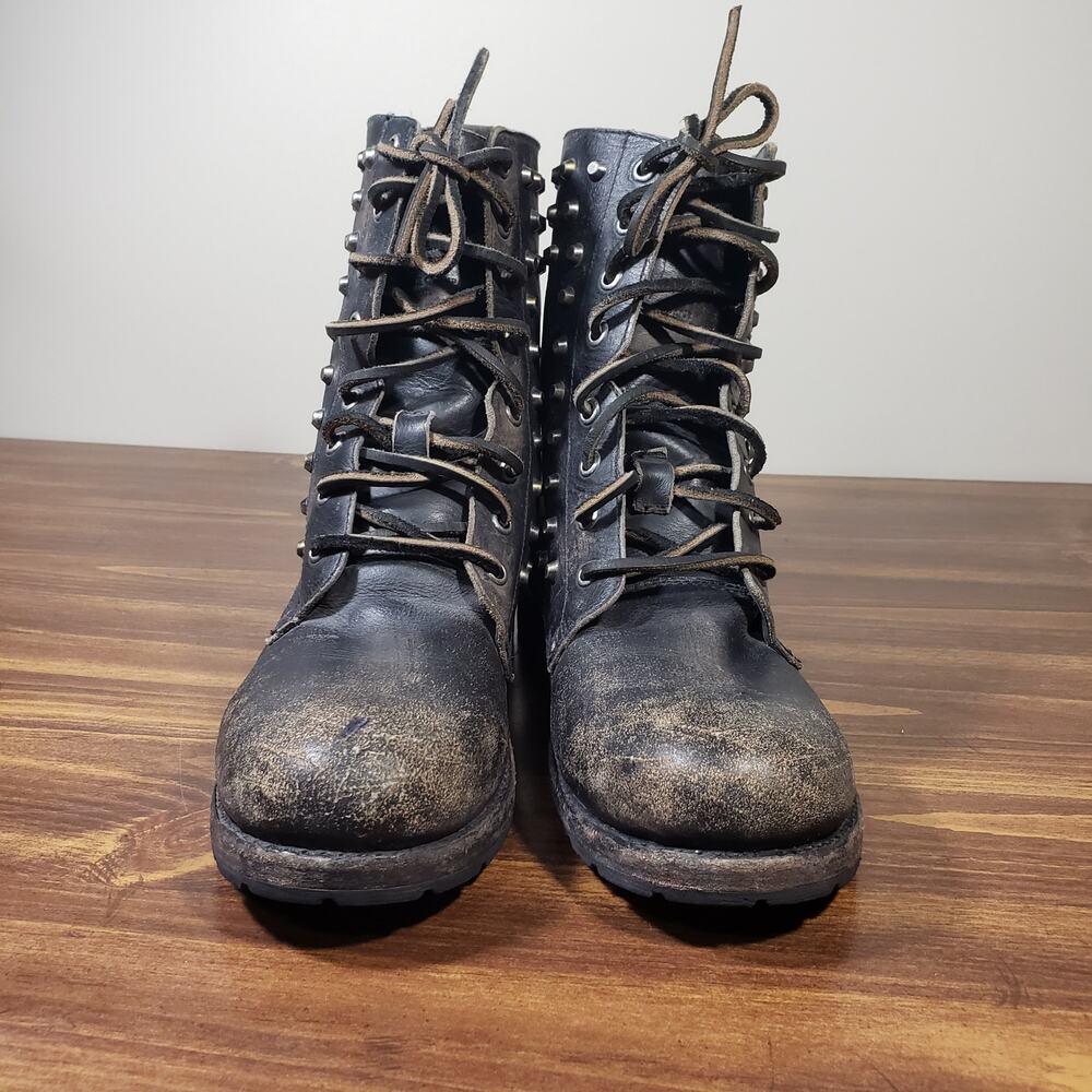 Frye Rogan Studded Distressed Lace up Boots Stonewash Black Womens 7 - Picture 5 of 10